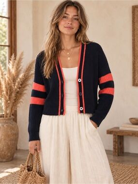 Harper Navy & Coral Striped Chunky Knit Cardigan Boho Coastal Preppy